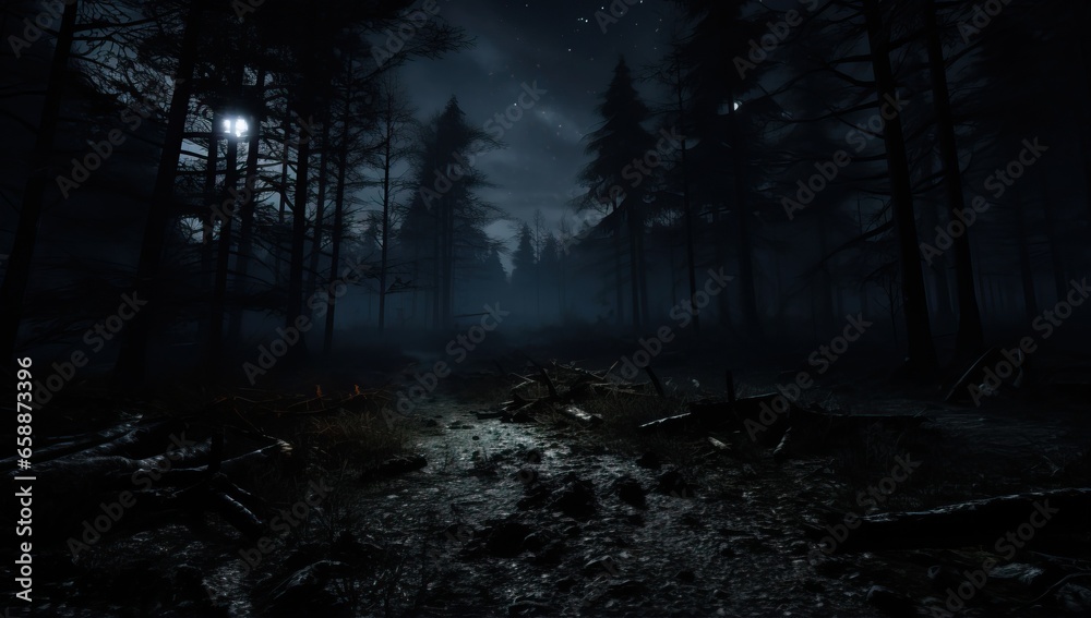 Mysterious dark forest at night with moonlight. Halloween concept