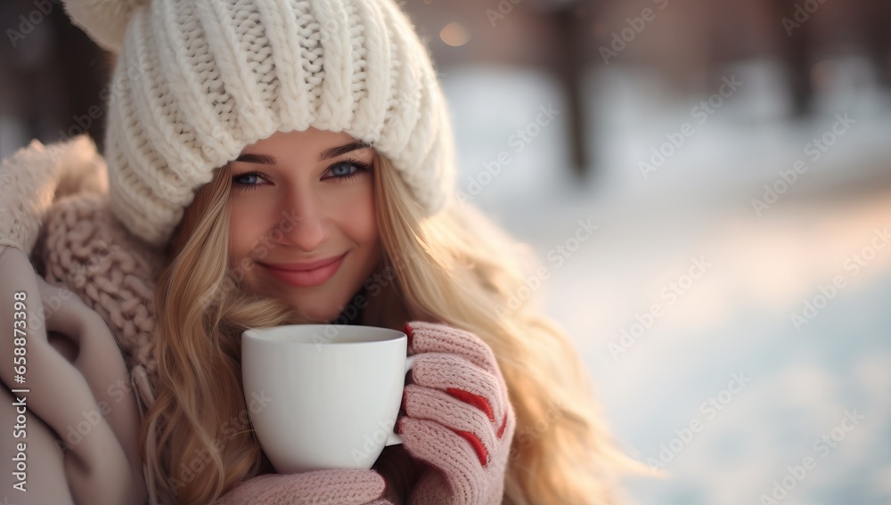 Beautiful young woman with cup of hot drink in winter park. Beautiful young woman with cup of hot drink in winter park.