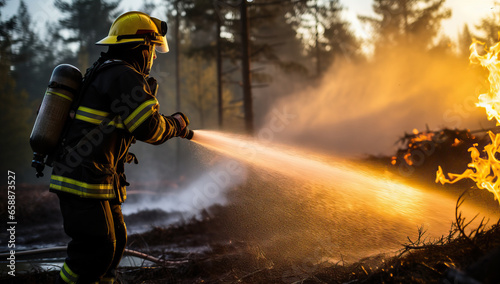 Firefighter fighting a fire in the forest at sunset. Firefighter in action.