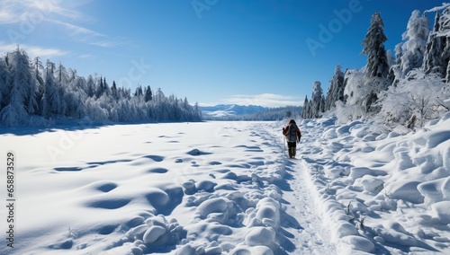Woman walking on snow-covered lake in winter. Beautiful winter landscape. © Meow Creations