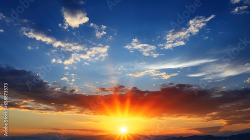 Beautiful sunset sky with clouds and sun. Nature landscape background. © Meow Creations