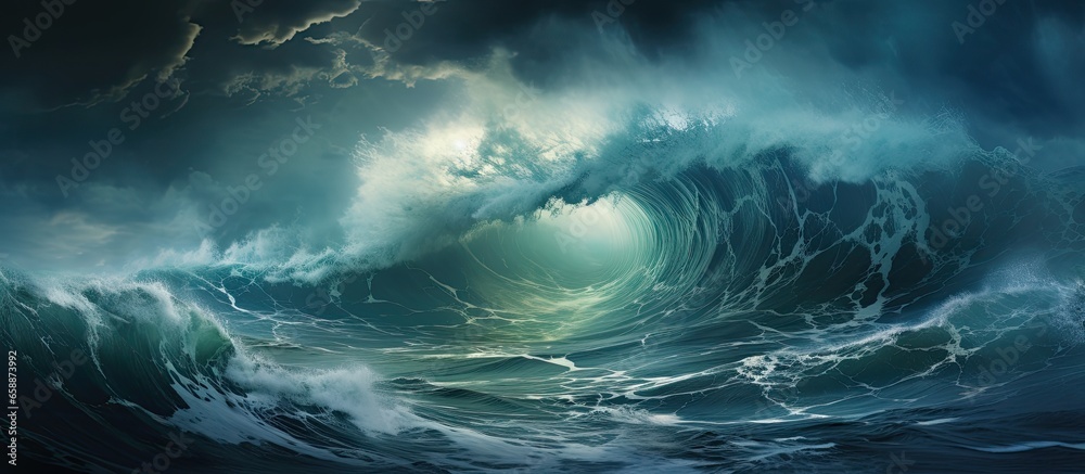 Fototapeta premium Furious sea beneath dark storm clouds With copyspace for text