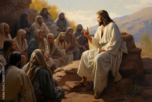 Jesus talks to the disciples and the crowd