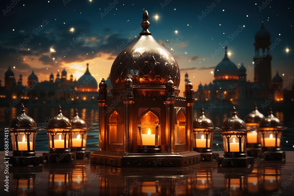 a mosque with candles in the fore