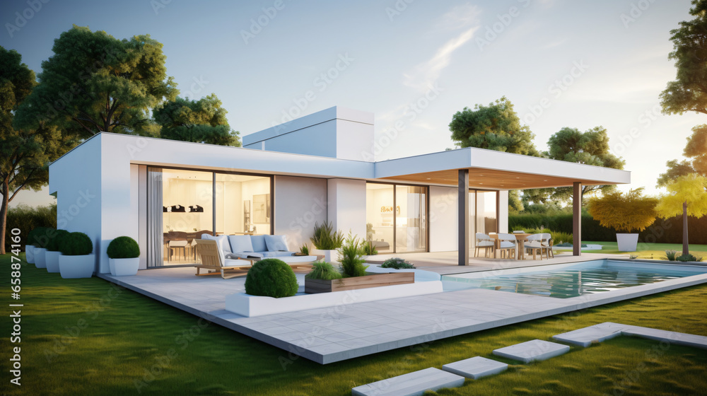 3d rendering of white modern house