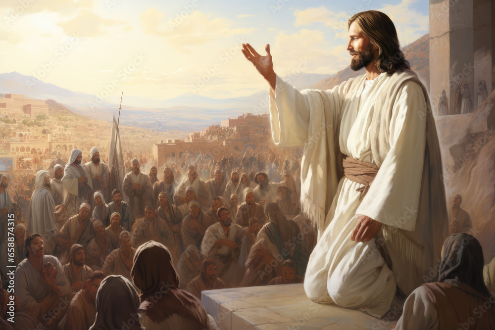Fototapeta premium Jesus talks to the disciples and the crowd