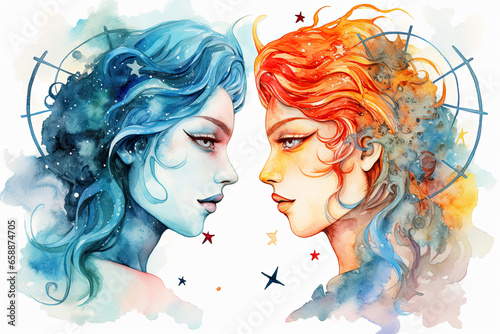 Gemini zodiac symbol. Watercolor illustration with two beautiful girls © bit24