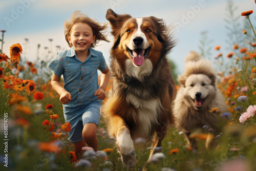 kids run with a dog on flowers meadow © Kien