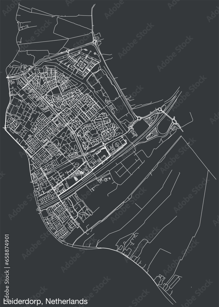 Detailed hand-drawn navigational urban street roads map of the Dutch city of LEIDERDORP, NETHERLANDS with solid road lines and name tag on vintage background