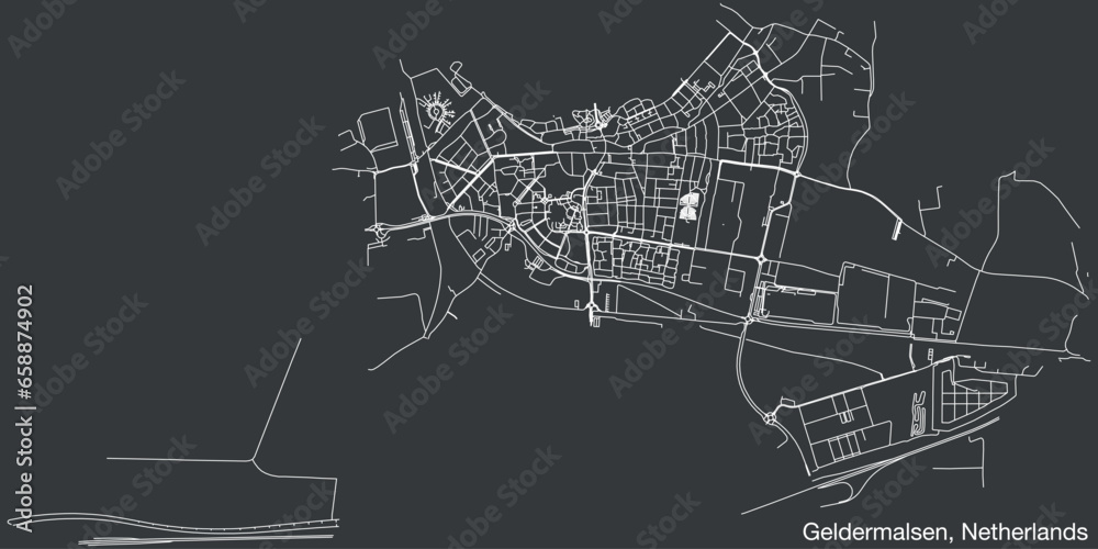 Detailed hand-drawn navigational urban street roads map of the Dutch city of GELDERMALSEN, NETHERLANDS with solid road lines and name tag on vintage background