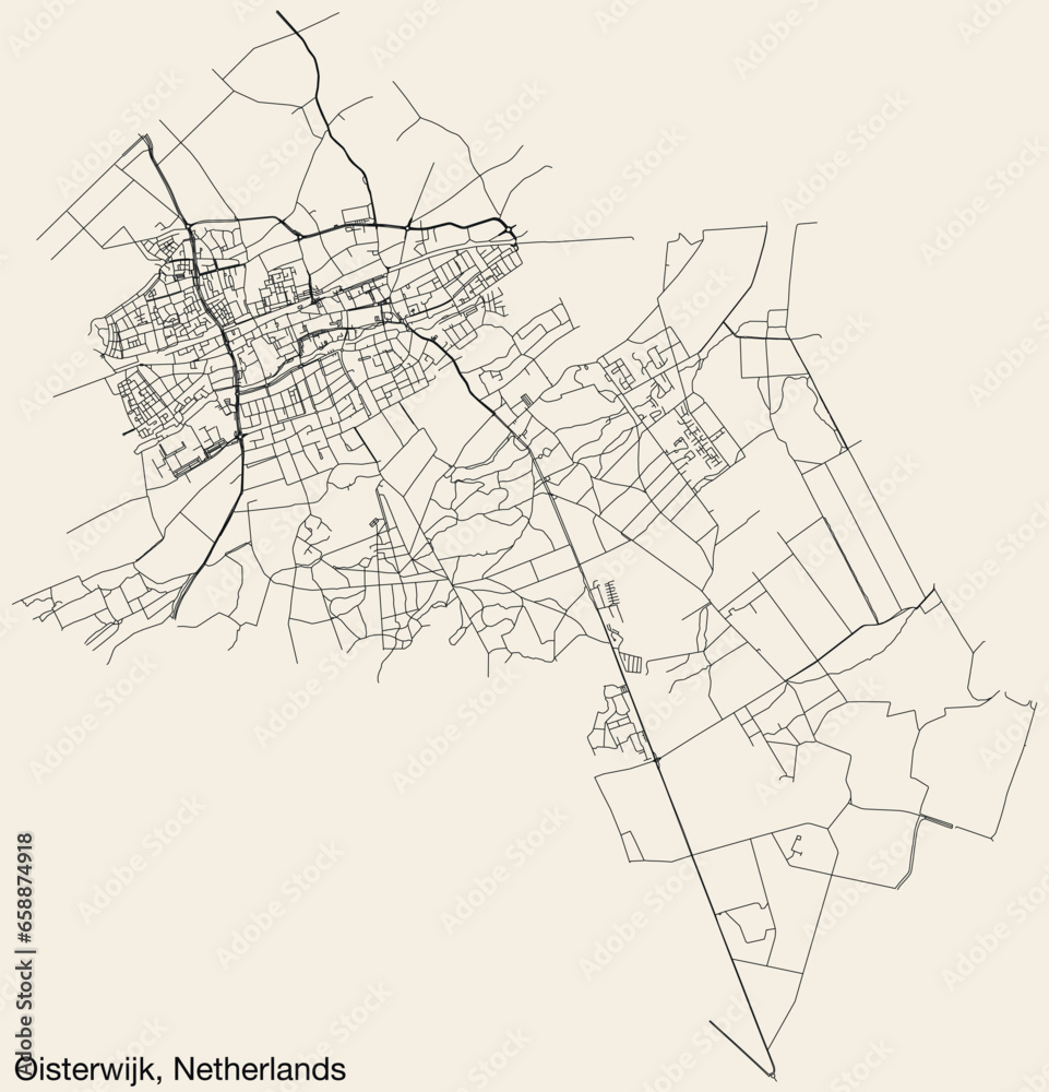 Detailed hand-drawn navigational urban street roads map of the Dutch city of OISTERWIJK, NETHERLANDS with solid road lines and name tag on vintage background