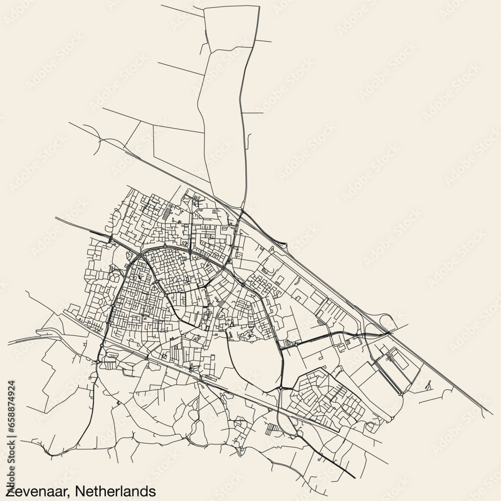 Obraz premium Detailed hand-drawn navigational urban street roads map of the Dutch city of ZEVENAAR, NETHERLANDS with solid road lines and name tag on vintage background
