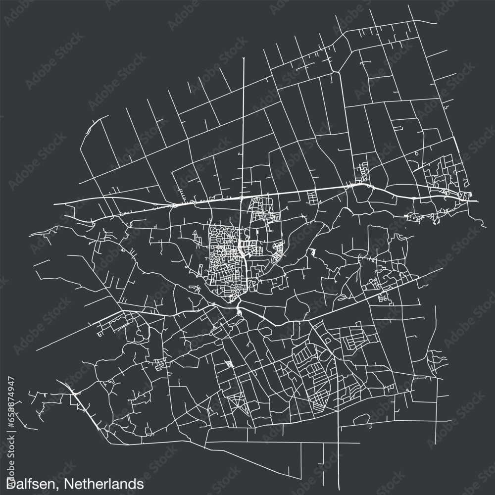 Detailed hand-drawn navigational urban street roads map of the Dutch city of DALFSEN, NETHERLANDS with solid road lines and name tag on vintage background