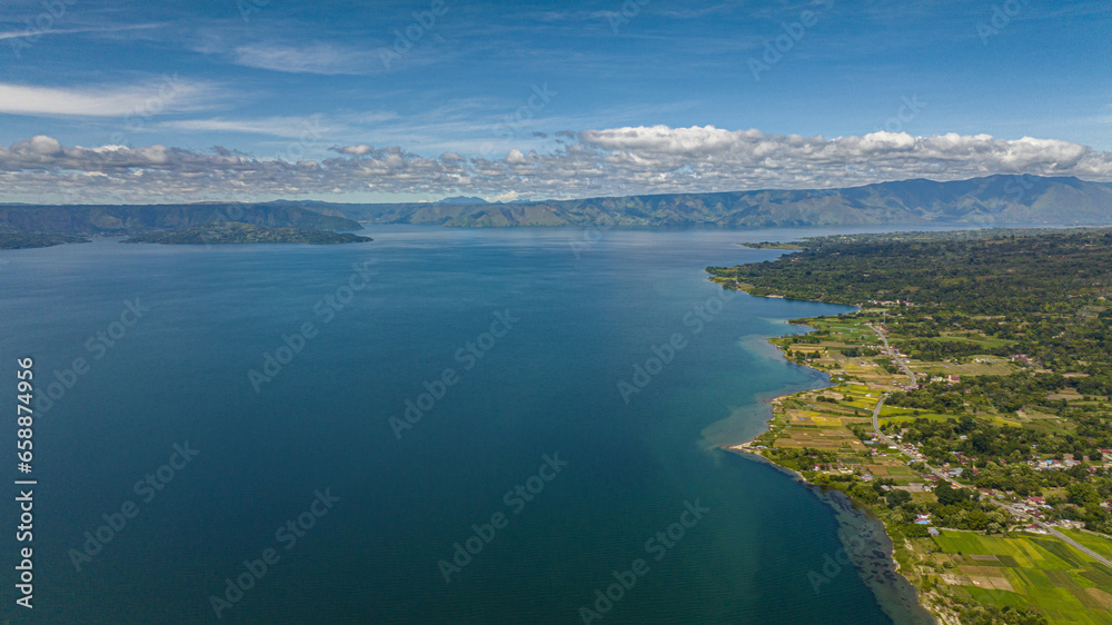 Top view of Samosir is a large volcanic island in Lake Toba, located in the north of the island of Sumatra in Indonesia