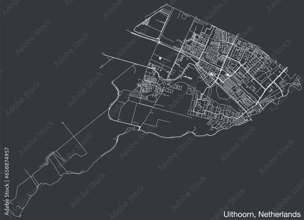 Detailed hand-drawn navigational urban street roads map of the Dutch city of UITHOORN, NETHERLANDS with solid road lines and name tag on vintage background