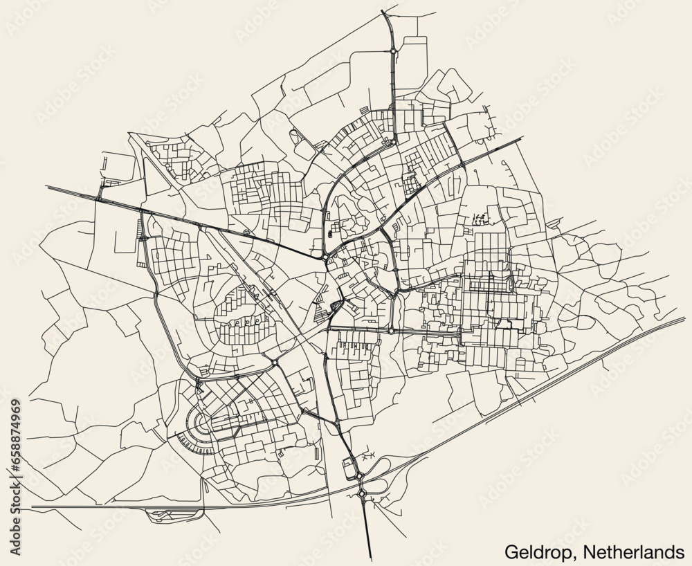 Detailed hand-drawn navigational urban street roads map of the Dutch city of GELDROP, NETHERLANDS with solid road lines and name tag on vintage background