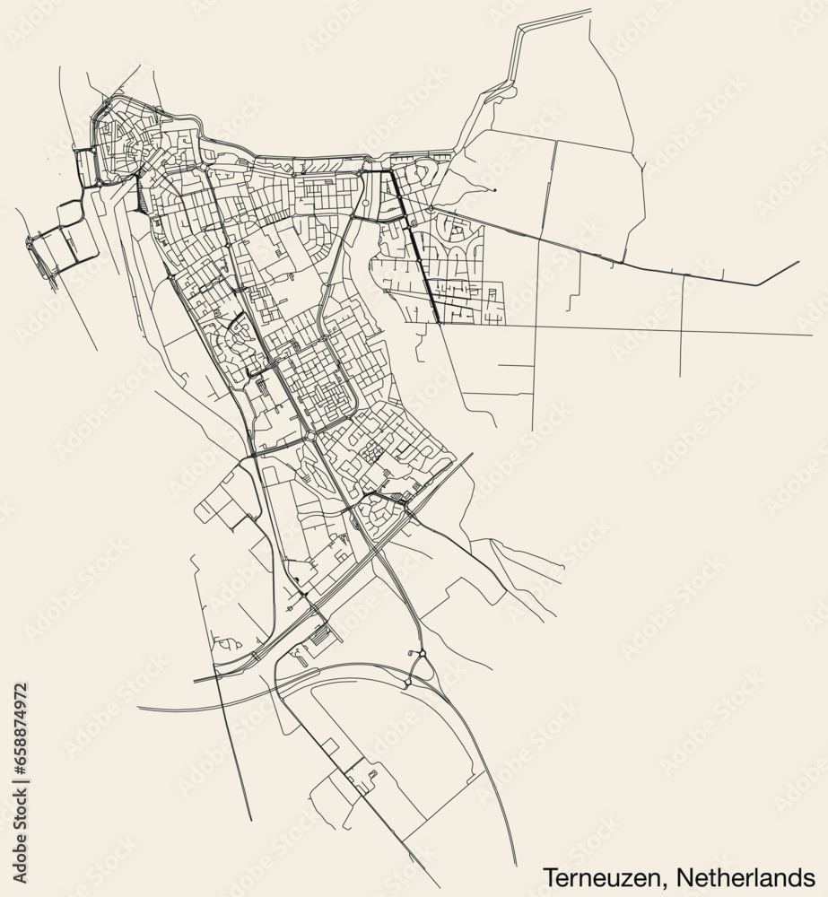 Detailed hand-drawn navigational urban street roads map of the Dutch city of TERNEUZEN, NETHERLANDS with solid road lines and name tag on vintage background