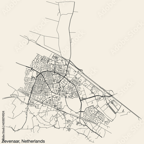 Detailed hand-drawn navigational urban street roads map of the Dutch city of ZEVENAAR, NETHERLANDS with solid road lines and name tag on vintage background
