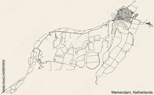 Detailed hand-drawn navigational urban street roads map of the Dutch city of WERKENDAM, NETHERLANDS with solid road lines and name tag on vintage background