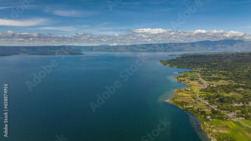 Top view of Samosir is a large volcanic island in Lake Toba, located in the north of the island of Sumatra in Indonesia