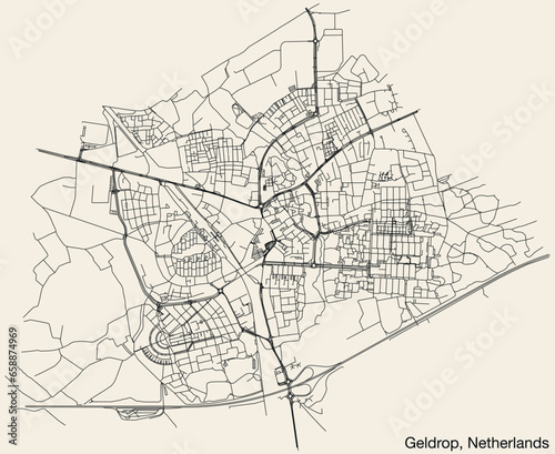 Detailed hand-drawn navigational urban street roads map of the Dutch city of GELDROP, NETHERLANDS with solid road lines and name tag on vintage background photo