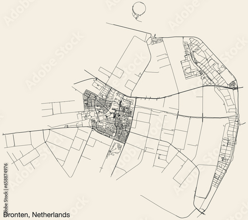 Detailed hand-drawn navigational urban street roads map of the Dutch city of DRONTEN, NETHERLANDS with solid road lines and name tag on vintage background photo