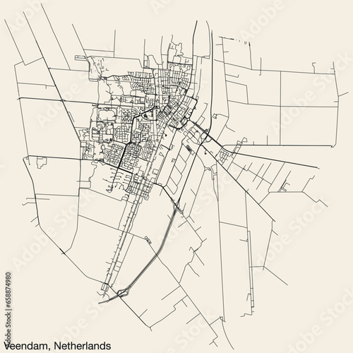 Detailed hand-drawn navigational urban street roads map of the Dutch city of VEENDAM, NETHERLANDS with solid road lines and name tag on vintage background photo