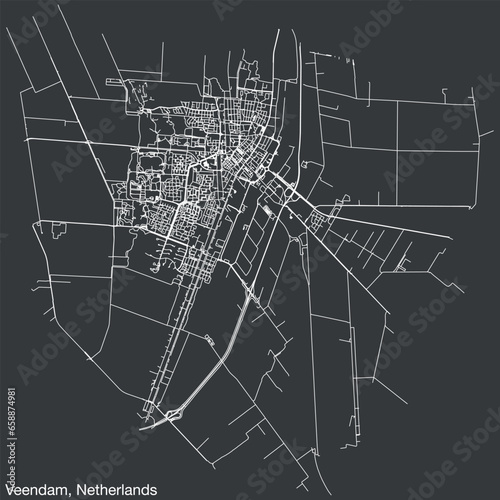 Detailed hand-drawn navigational urban street roads map of the Dutch city of VEENDAM, NETHERLANDS with solid road lines and name tag on vintage background