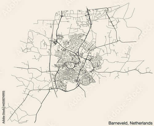 Detailed hand-drawn navigational urban street roads map of the Dutch city of BARNEVELD, NETHERLANDS with solid road lines and name tag on vintage background