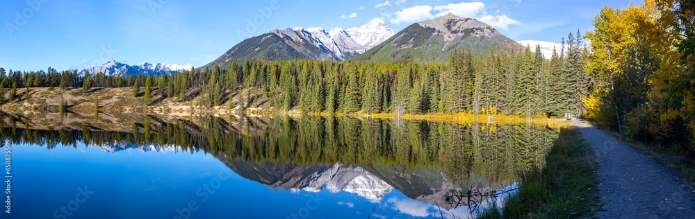 Hiking Trail Johnson Lake Panorama, Tree lined Shore Mountain Peak Reflection. Scenic Autumn Landscape, Banff National Park, Canadian Rockies