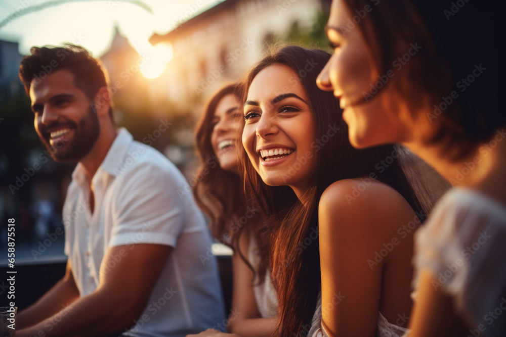Fototapeta premium Lifestyle and friendship concept. Multi ethnic guys and girls spending time together. Happy life style friendship concept. Young multicultural people having fun time together in city. Generative AI