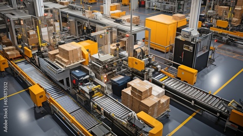 Top Down View of Several Conveyor Belt Systems Moving a Variety of Retail Orders from an Online Business Sales,.