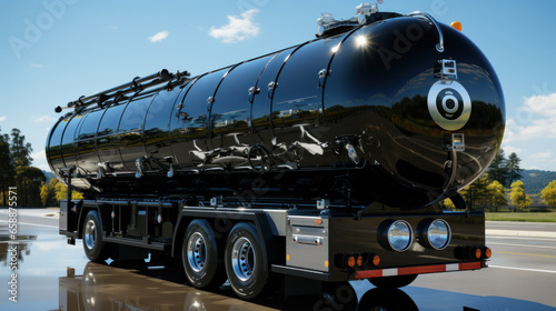 Food cistern. Fast transport of goods. Tank truck in motion. Water or milk delivery photo