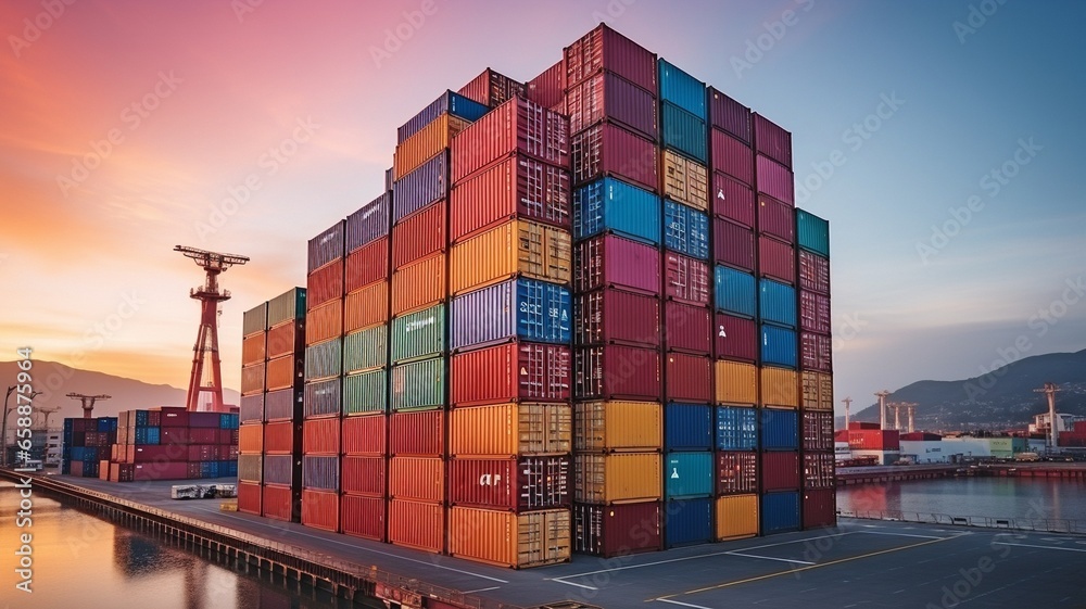 Fototapeta premium Containers stacked in a port, import and export idea.