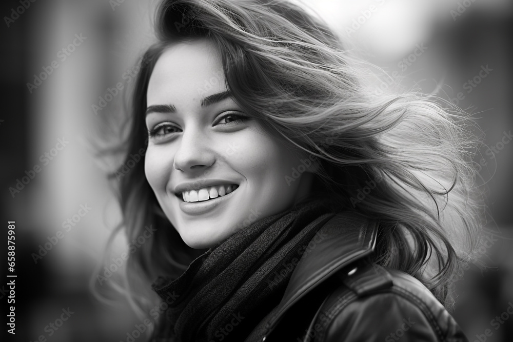 Beauty, make-up, lifestyles concept. Beautiful and happy young woman close-up outdoor portrait. Long hair brunette model smiling and looking at camera. Black and white image. Generative AI Beauty, make-up, lifestyles concept. Beautiful and happy young woman close-up outdoor portrait. Long hair brunette model smiling and looking at camera. Black and white image. Generative AI