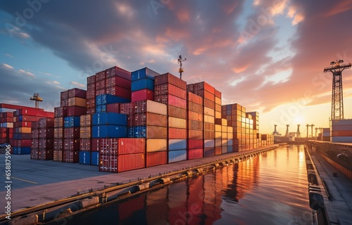 Containers stacked in a port, import and export idea.