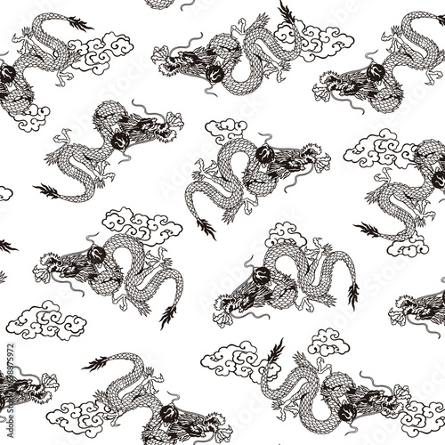 Seamless pattern with classic Japanese dragons,