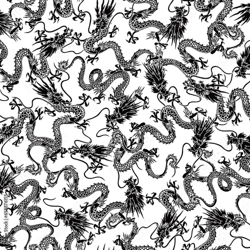 Seamless pattern with classic Japanese dragons,