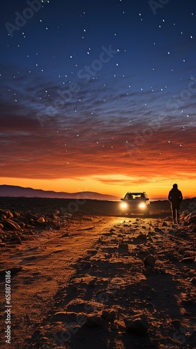 the milky way and a shooting star can be seen in the backdrop while the silhouette of a person strolling on a desert road is seen from behind..