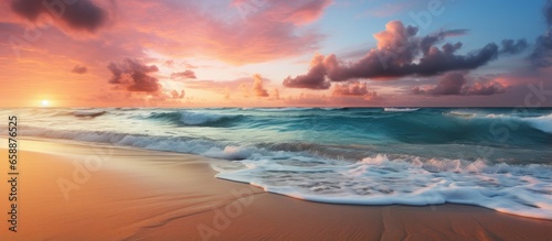 Vibrant ocean sunrise on tropical seaside inspiring coastal landscape beach shore and sea horizon With copyspace for text