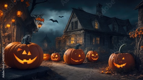 Realistic photo on Halloween nightmare, Halloween pumkins, ancient village. 8k, 450dpi, beautiful detailed, best solution, clean and clear