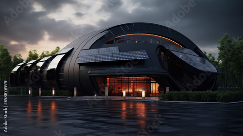 Alternative energy. Solar panels on roof of black industrial or RND building.