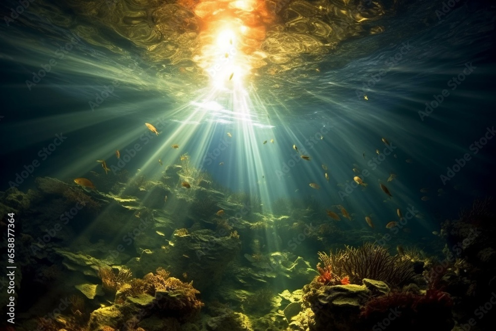 Stunning underwater photo with sunlight streaming through the surface. Generative AI