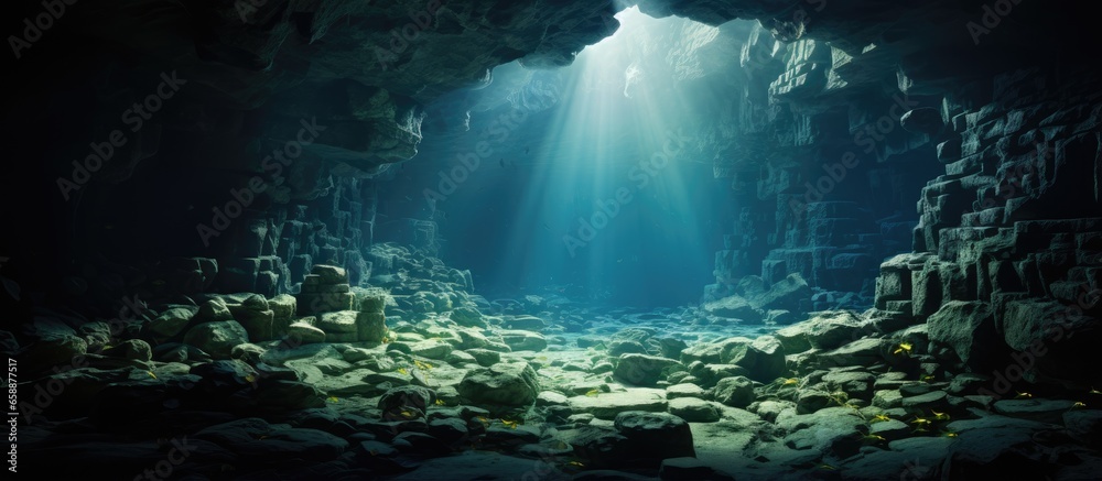 Grand Cayman s underwater grottos provide refuge for small sea creatures to hide from predators With copyspace for text