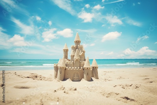 Sunny beach with blue sky, sandcastles. Leisure, holiday, vintage nostalgia memory. Generative AI