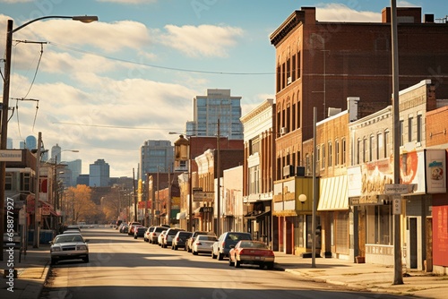 The bustling downtown of Gary, Indiana is illuminated by the warm afternoon sunlight. Generative AI