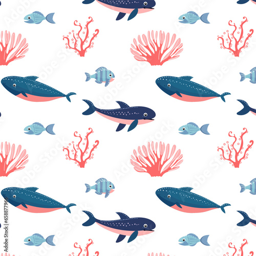 Marine background with ocean animals and plants for textiles and various designs. Seamless pattern with fish and marine animals and algae.