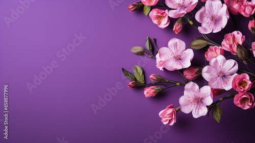 Pink blossom flowers isolated on violet background, Flower blossom composition. Top view, flat lay. Greeting card, template, cover. Botanical design. International Women's Day, Mother's Day, Birthday 