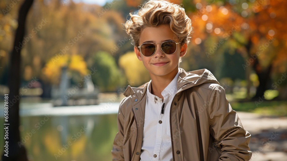 Boy stands in a springtime park in the light next to a river.. Boy stands in a springtime park in the light next to a river..