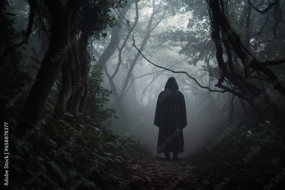 Horror, fantasy, mystery and landscape concept. Dark human silhouette standing in dark forest. Dense forest covered with mist or fog. Dark tree trunks in background. Late evening time. Generative AI Horror, fantasy, mystery and landscape concept. Dark human silhouette standing in dark forest. Dense forest covered with mist or fog. Dark tree trunks in background. Late evening time. Generative AI